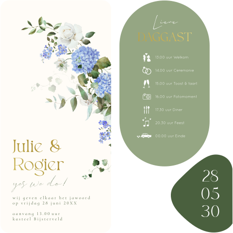 Labelkaart trouwkaart langwerpig bloemen blauw groen goudfolie