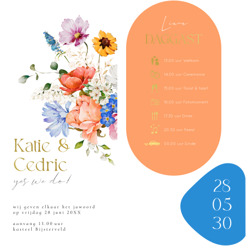 Labelkaart trouwkaart langwerpig kleurrijke bloemen goudfolie