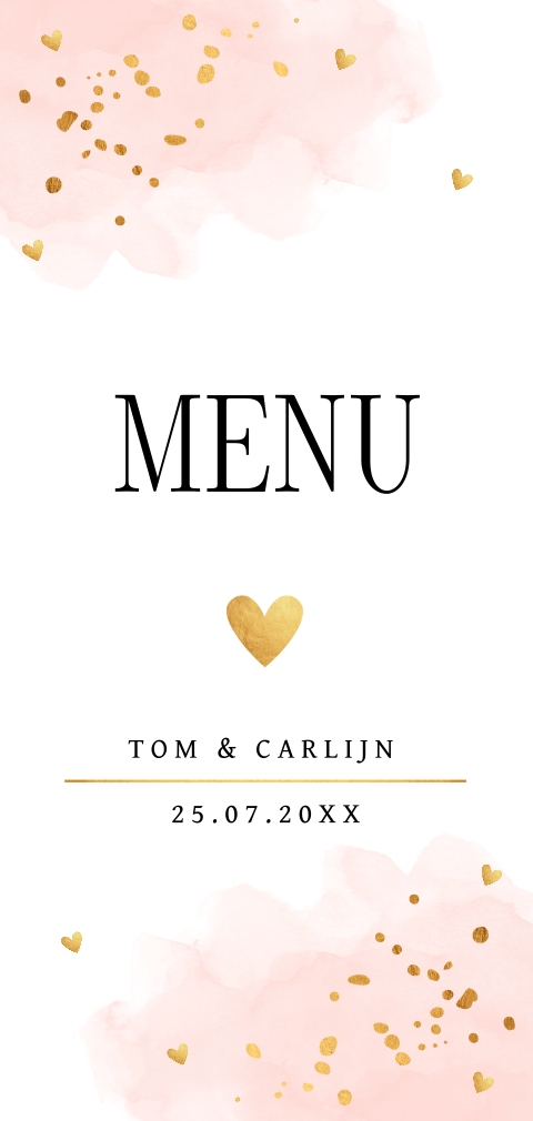 Menukaart huwelijk langwerpig waterverf roze confetti goudlook