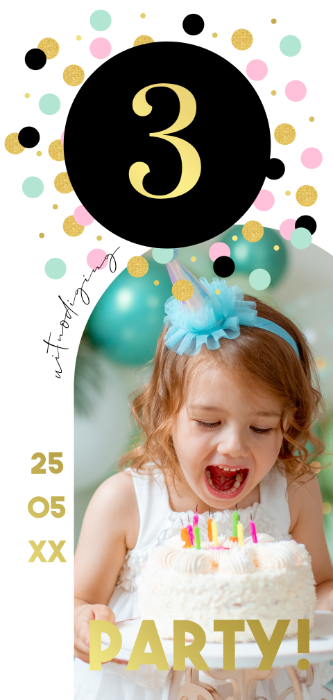Uitnodiging kinderfeestje meisje foto boog confetti goudfolie