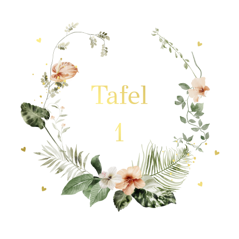 Tafelnummerkaartje krans tropische bladeren kraftlook goudfolie