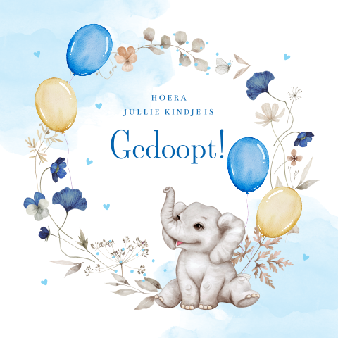 Felicitatie kaart doopviering jongen olifantje ballonnen bloemen