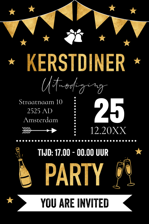 Kerstdiner uitnodiging zwart typografie goudlook