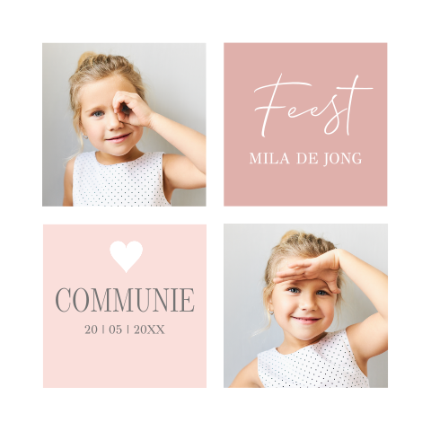 Communie uitnodiging meisje met foto vlakken roze