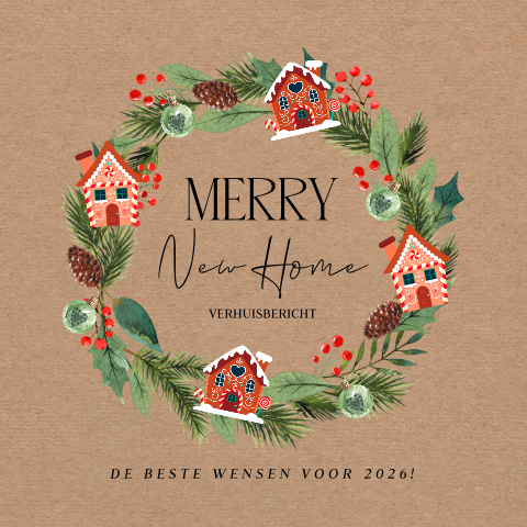 Kerst verhuiskaart kraft met kerstkrans en huisjes