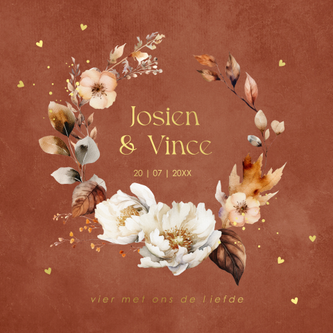 Trouwkaart terracotta roestbruin bloemenkrans goudfolie