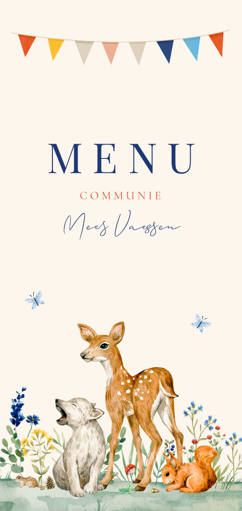 Menukaart communie jongen bosdieren slinger