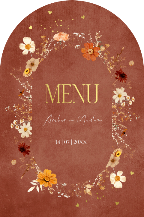 Menukaart huwelijk boog watercolour bloemen roestbruin goudfolie