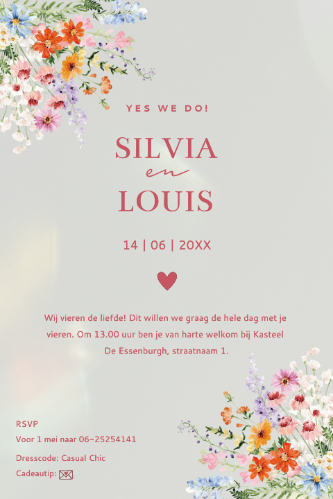 Acryl trouwkaart transparant gekleurde bloemen Anemone