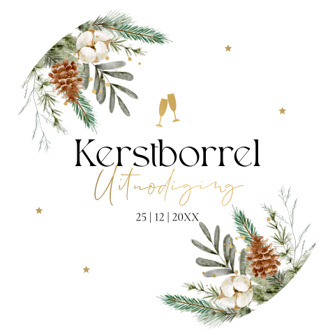 Kerstborrel uitnodiging rond kersttakjes goudfolie