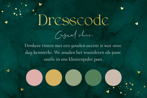 Dresscode kaartje casual chique huwelijk kleurenpalet goud groen