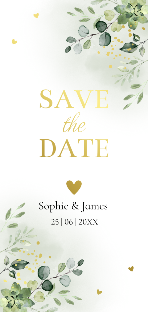 Save the Date uitnodiging botanisch bladeren groen goudfolie