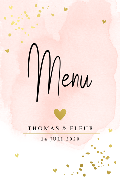 Menukaart huwelijk roze watercolour goudfolie