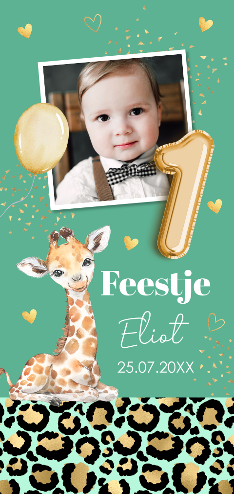Uitnodiging kinderfeestje jongen jungle giraffe1 jaar eigen foto groen