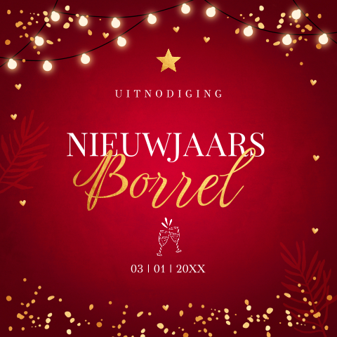 Uitnodiging nieuwjaarsborrel rood lampjes goudlook
