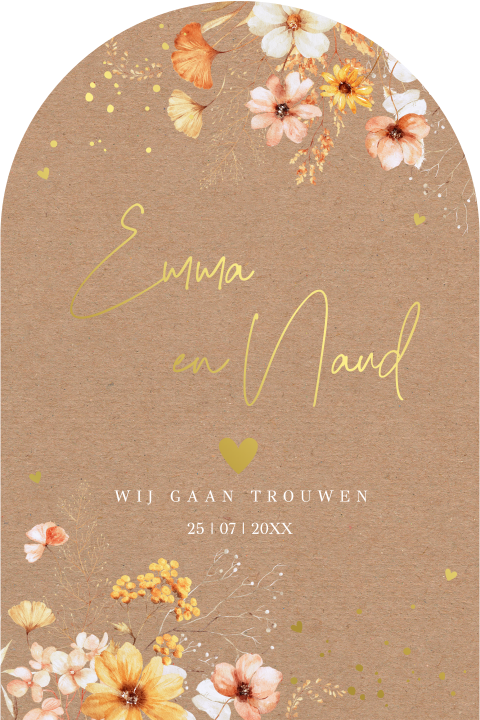 Trouwkaart bloemen geel oranje boog kraft goudfolie