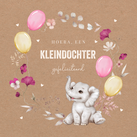 Felicitatie kaart kleindochter met lief olifantje ballonnen roze
