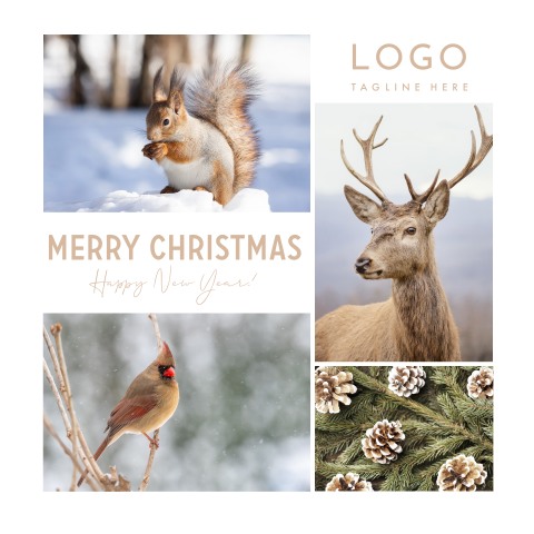 Zakelijke kerstkaart natuur bos dieren sneeuw beige