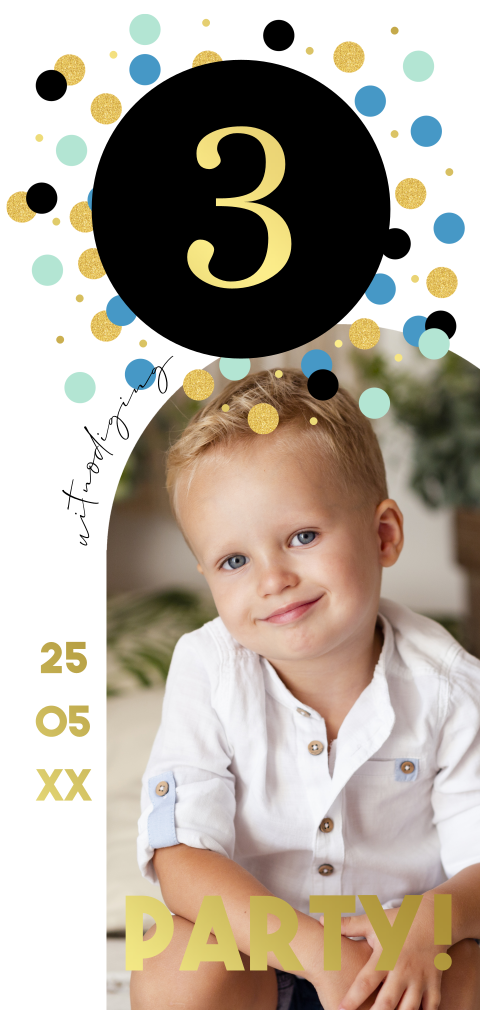 Uitnodiging kinderfeestje jongen 3 jaar met foto goudfolie