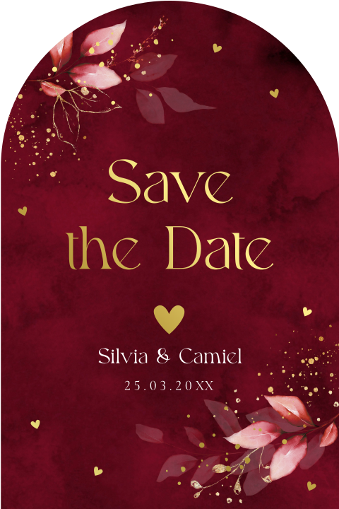 Save the Date kaart rood botanisch blaadjes boog vorm goudfolie