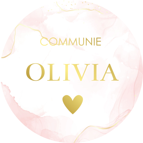 Stickers rond communie roze watercolour goudfolie | 25 stuks