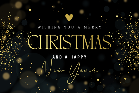 Kerstkaart zwart met goudfolie typografie hartje