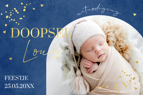 Doop uitnodiging doopkaart jongen blauw foto boog goudfolie