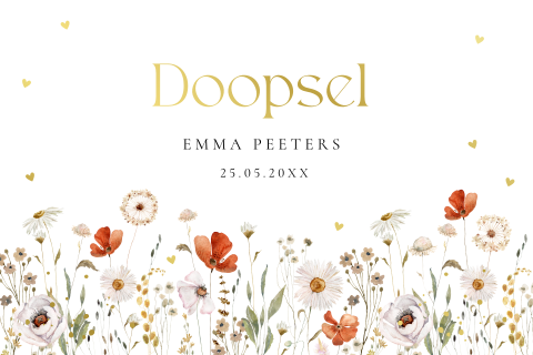 Doop uitnodiging meisje veldbloemen rood wit goudfolie
