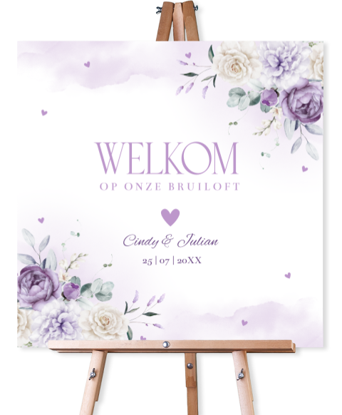 Welkomstbord bloemen paars watercolour vierkant
