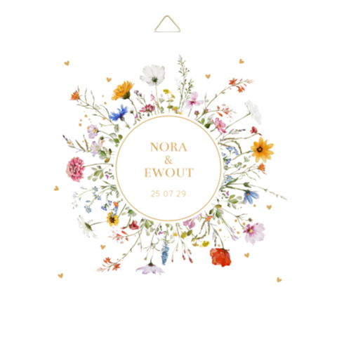 Tegeltje bruiloft wit zomerse bloemenkrans eigen tekst