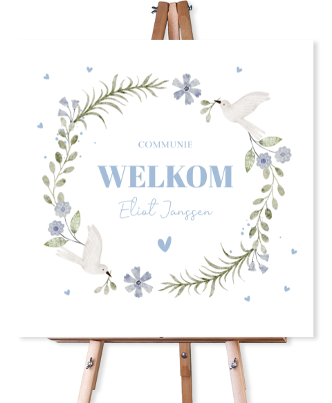 Welkomstbord bloemenkrans vogels blauw jongen