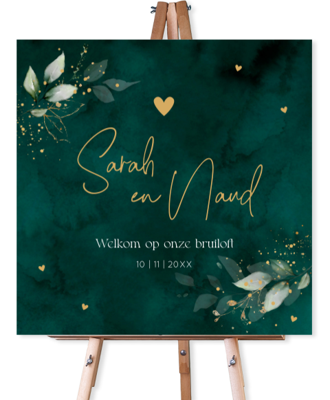 Welkomstbord bruiloft groen botanisch bladeren