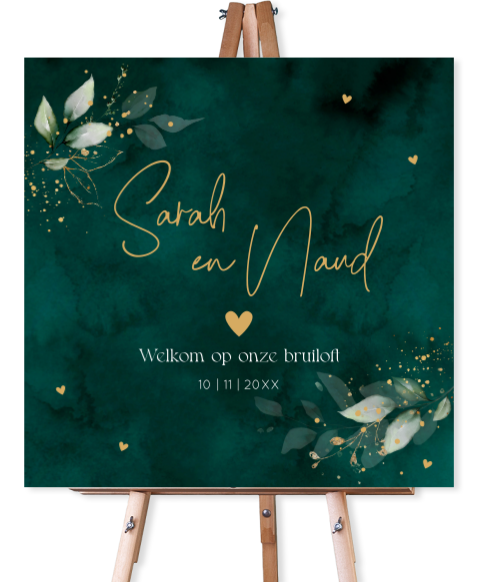 Welkomstbord bruiloft groen botanisch bladeren