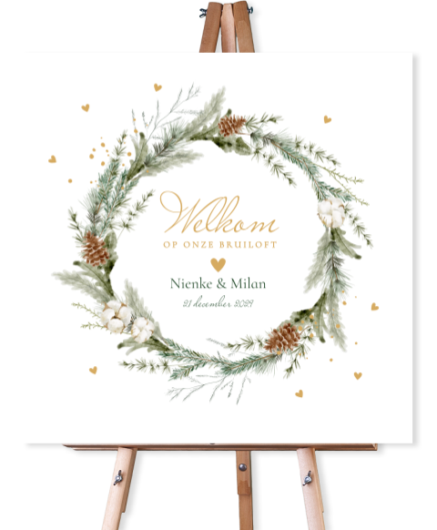 Welkomstbord bruiloft wit kerstkrans groen