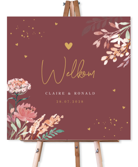 Bruiloftsbord watercolour bloemen roze plum