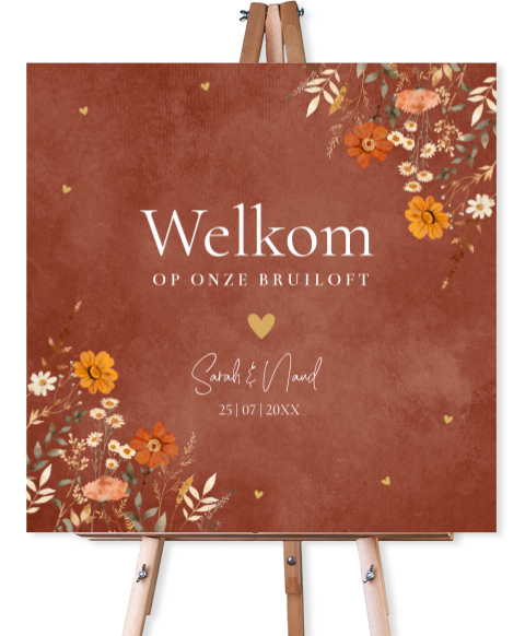 Bruiloftsbord watercolor bloemen herfst roestbruin 70x70 cm