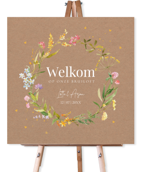 Welkomstbord bruiloft bloemenkrans geel kraftlook