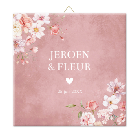 Tegeltje bruiloft roze romantische bloemen eigen tekst
