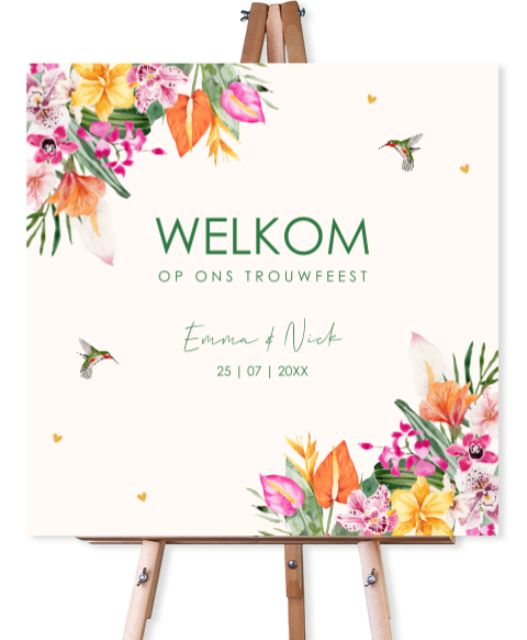 Welkomstbord huwelijk tropische bloemen roze