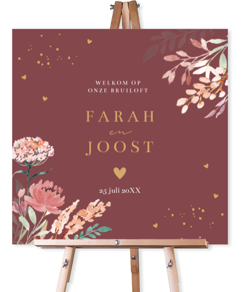 Bruiloftsbord watercolour bloemen roze plum