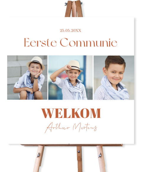 Welkomstbord communie jongen wit met fotocollage