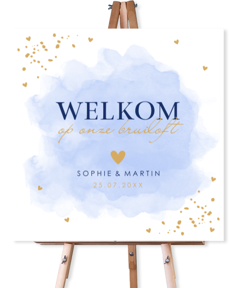 Bruiloftsbord watercolour blauw hartjes