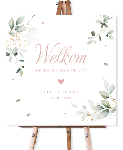 Bruiloftsbord botanisch groen bladeren watercolour welkom