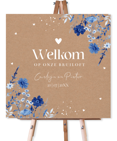Bruiloftsbord bloemenkrans blauw kraft look 70x70 cm