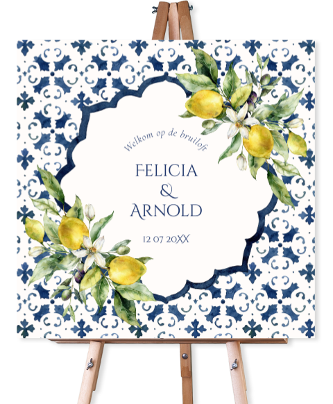 Bruiloftsbord welkom Mediterraans blauw patroon citroenen geel