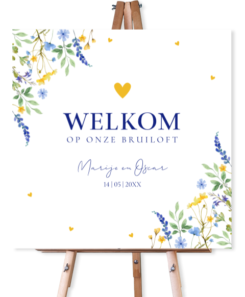 Bruiloftsbord bloemen blauw geel vierkant