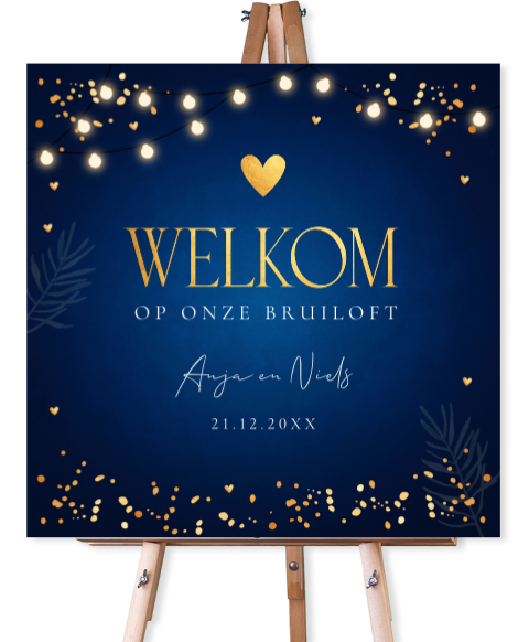 Bruiloftsbord blauw kerst lampjes goudlook 70x70 cm