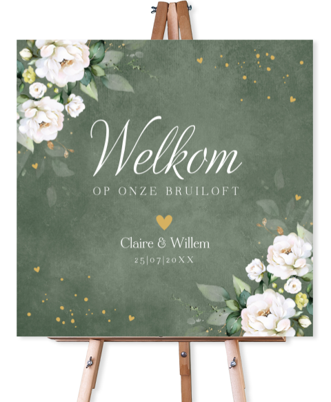 Bruiloftsbord groen botanisch witte bloemen 70x70 cm