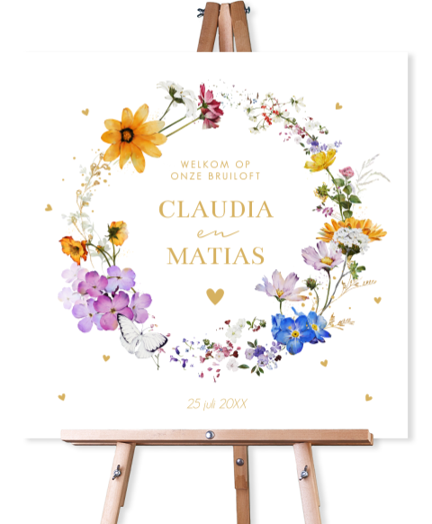 Bruiloftsbord bloemen krans paars geel