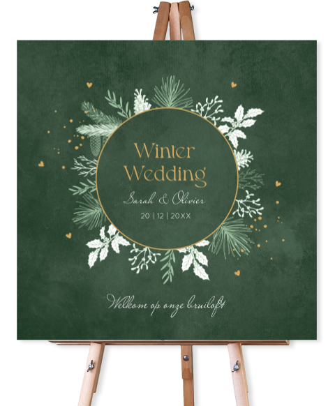 Welkomstbord winter wedding groen kerst krans